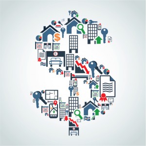 graphic dollar sign of houses, buildings, keys