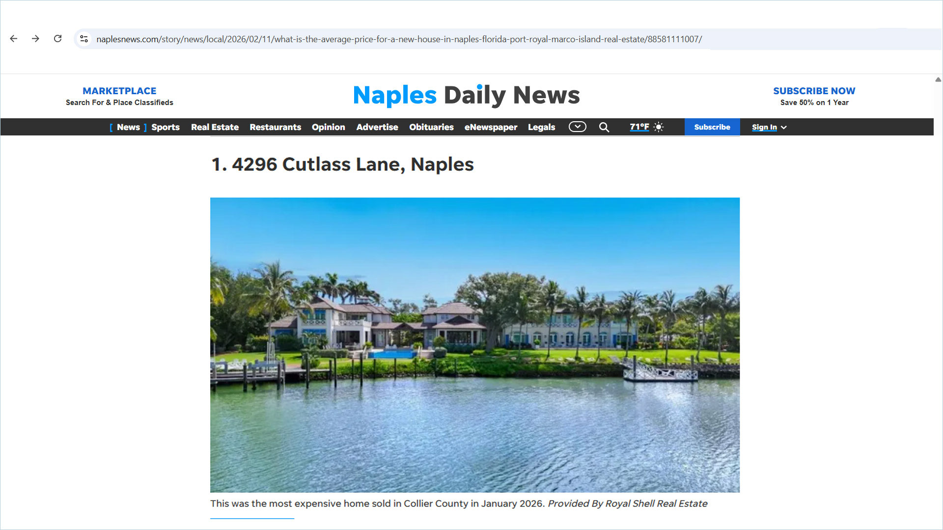 naplesnews.com screenshot: $55M Naples house tops January list of most expensive homes sold